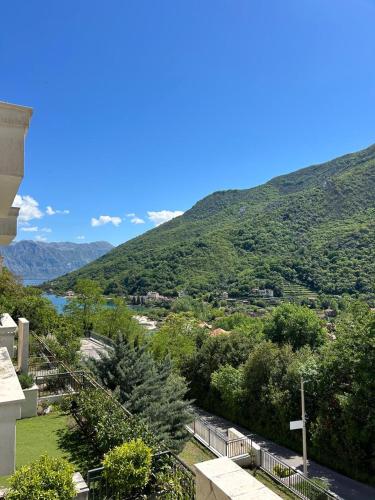 uma vista para um vale com árvores e montanhas em Pool and spa apartment 1BR em Donji Morinj