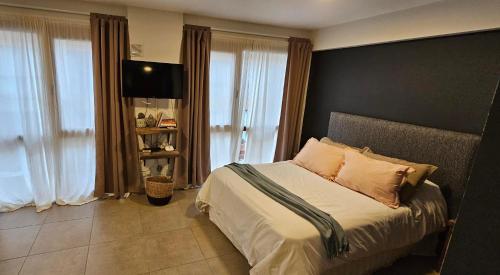 1 dormitorio con 1 cama y TV de pantalla plana en MV STUDIO Bariloche en San Carlos de Bariloche
