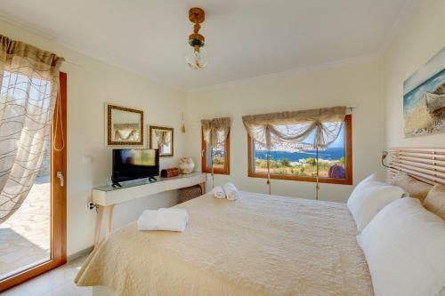 a bedroom with a large bed and a television at Villa Marenosta in Ermoupoli