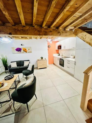 Il comprend une grande cuisine et un salon doté de plafonds en bois. dans l'établissement Les Gites d'Andréa - Chez Madame Yvon, à Surba