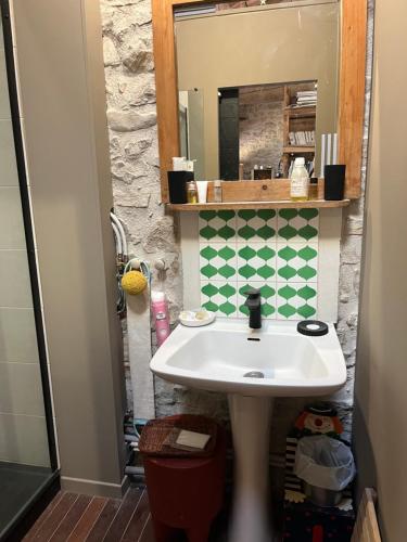 ein Bad mit einem Waschbecken und einem Spiegel in der Unterkunft Le Refuge Familial in Fondamente