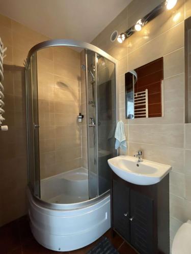 a bathroom with a shower and a sink at Apartament nad jeziorem Ukiel in Olsztyn