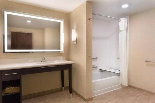 a bathroom with a sink and a mirror and a shower at Homewood Suites by Hilton West Des Moines/SW Mall Area in West Des Moines