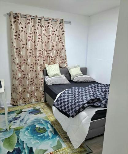 a bedroom with a bed and a curtain and a rug at 2 Bed apt 1 kitchen 1 Bath in Birmingham