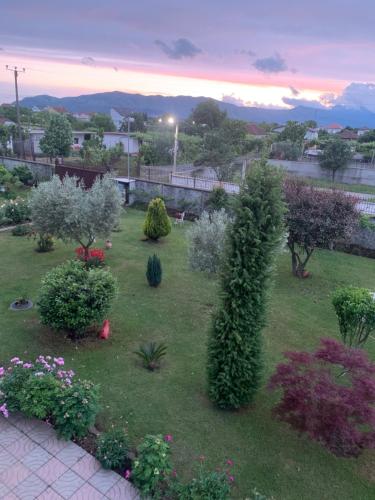 a garden with bushes and trees and flowers at Hotel Villa Linda in Shkodër