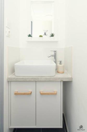 une salle de bain blanche avec un lavabo et un miroir dans l'établissement La résidence Jeanne d'Arc 2, Troyes - France, à Troyes
