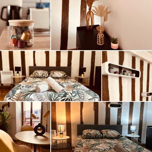 a collage of pictures of a bedroom with a bed and a table at Cocon Bois-Joly in Joigny
