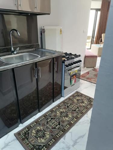 a kitchen with a sink and a kitchen rug at شالية غرفة ورسيبشن وحمام ومطبخ عمارة 4 الدور الأول in Port Said