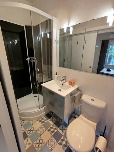 une salle de bain avec toilettes, lavabo et douche dans l'établissement 2 pièces Cannes centre, à Cannes