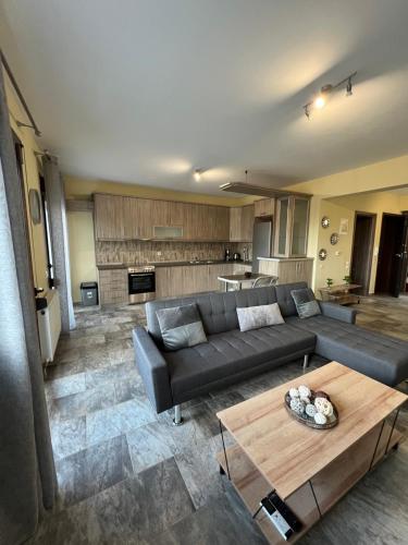 een woonkamer met een bank en een tafel bij Penelope's apartment ΙΙΙ in Potamiá