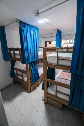 a room with three bunk beds with blue curtains at Hostal Palo Alto in San Andrés