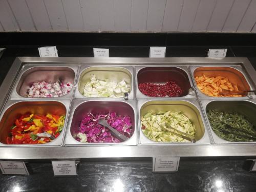 a display of different types of vegetables in trays at Chalet NEMO, vista mare, Sharks Bay, Sharm el Sheikh in Sharm El Sheikh
