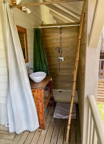 a bathroom with a shower with a sink and a toilet at Kay Ti'Cannelle in Le Diamant