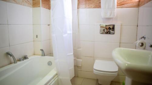 a bathroom with a white toilet and a sink at ROSES REGENCY HOTEL AND SUITES in Abuja