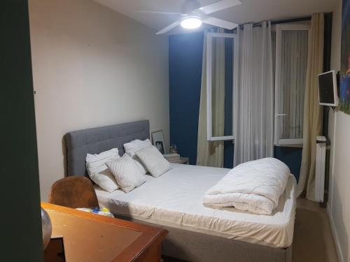 尼姆的住宿－Chambre spacieuse dressing WC et SDB communes，一间卧室配有带白色床单和枕头的床。