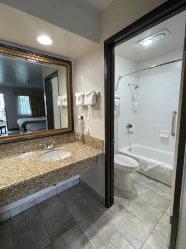 a bathroom with a sink and a toilet and a mirror at Quality Inn Ontario Airport Convention Center in Ontario