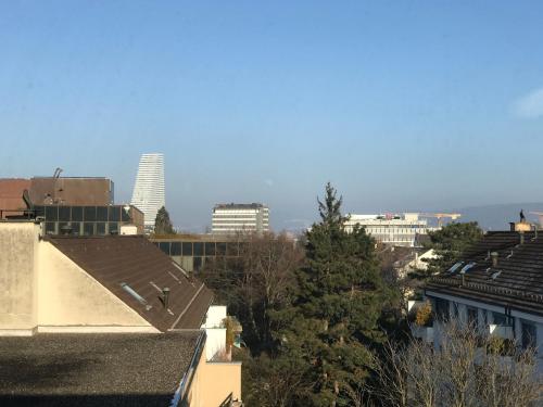 a view of a city skyline with buildings at Center Basel in Basel