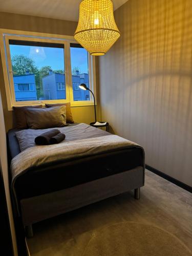 a bedroom with a bed with a lamp and a window at Private room in Hundvåg in Stavanger