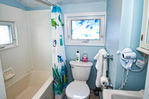 a bathroom with a toilet and a tub and a window at Baby Love Shack in Salisbury