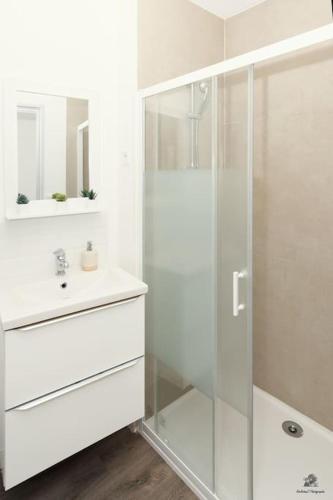 une salle de bain blanche avec une douche et un lavabo dans l'établissement La résidence Jeanne d'Arc 3, Troyes, à Troyes