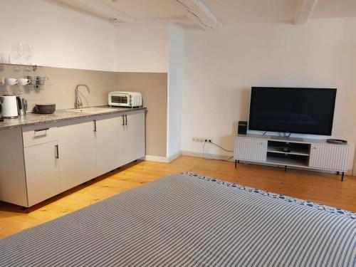a kitchen with a flat screen tv and a living room at 30qm Studio Rosenheimer Innenstadt in Rosenheim