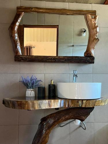 a bathroom with a sink and a mirror at La Montaña Parque Natural in La Curva