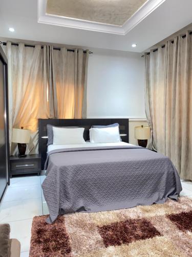 東勒貢的住宿－EL Apartment，一间卧室配有一张带两盏灯和地毯的床。