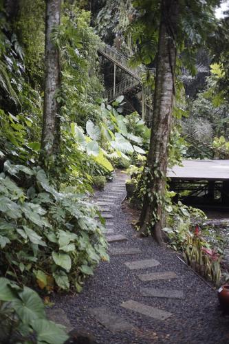 a stone path in a park with a bridge at Tattva Ubud Retreat & Wellness in Ubud