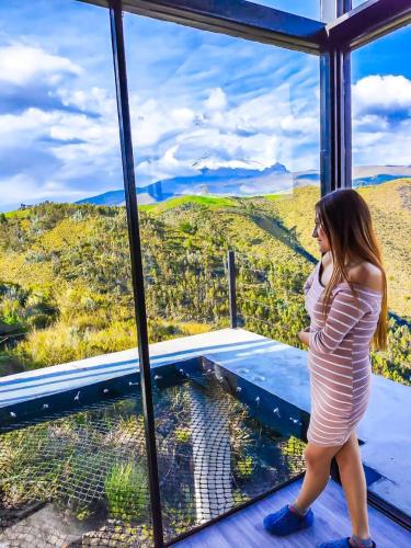a woman in a striped dress looking out of a window at a mountain at SUITE STARS in Latacunga