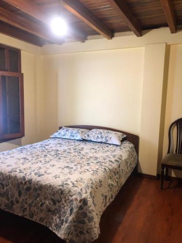 1 dormitorio con cama con almohada en CASA DE CAMPO HOSPEDAJE en Ambato