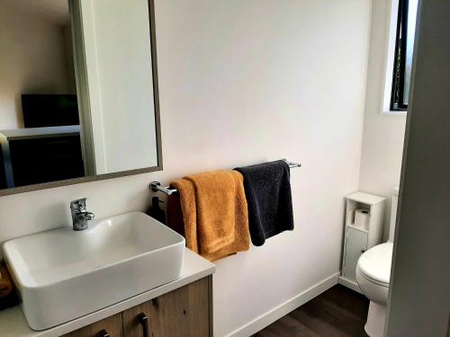 een badkamer met een wastafel, een spiegel en een toilet bij Tree View Studio in Tauranga