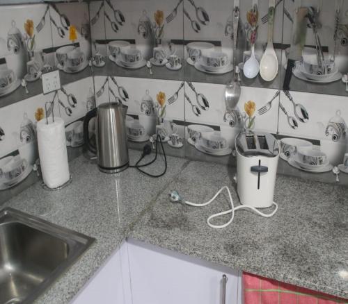 a kitchen with a counter top with cups and appliances at Mount Olivet House in Suva
