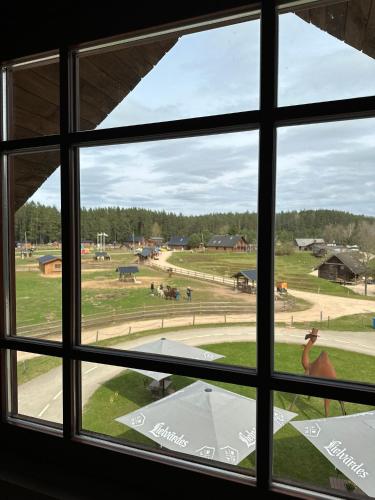 a window with a view of a field seen through it at Rakši in Cēsis
