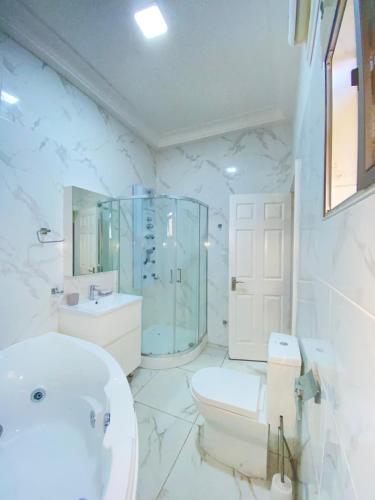 東勒貢的住宿－EL Apartment，白色的浴室设有卫生间和水槽。