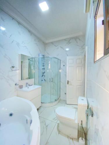 a white bathroom with a toilet and a sink at EL Apartment in East Legon