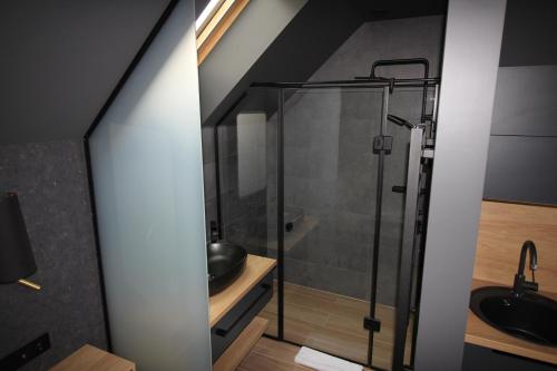 a bathroom with a glass shower and a sink at M26 Prémium apartmanok in Tihany