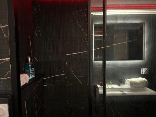 une salle de bain avec une douche avec un lavabo et un miroir dans l'établissement Atypique sous chateau vieille ville AC, à Annecy
