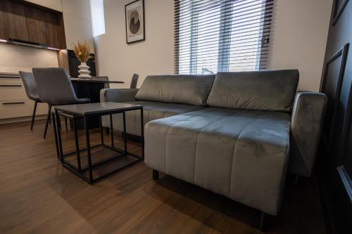 a living room with a couch and a table at Apartament Prestige in Nowy Sącz