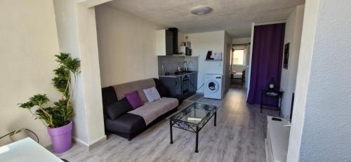 un salon avec un canapé et une table dans l'établissement Le joli cocon, à Frontignan