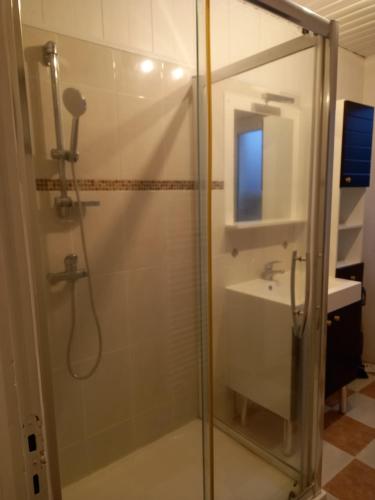 uma casa de banho com uma cabina de duche em vidro e um lavatório. em maison de village 