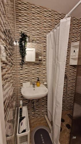 a small bathroom with a sink and a shower curtain at Luna in Osijek