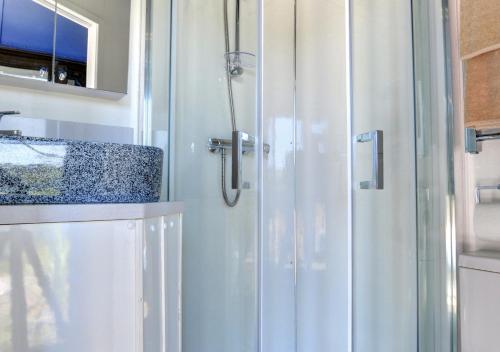 a shower with a glass door in a bathroom at Shepherds Hut at Ridge Hall in Staithes