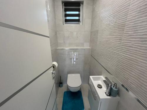 a small bathroom with a toilet and a sink at Pálma Vendégház Szelid in Dunapataj