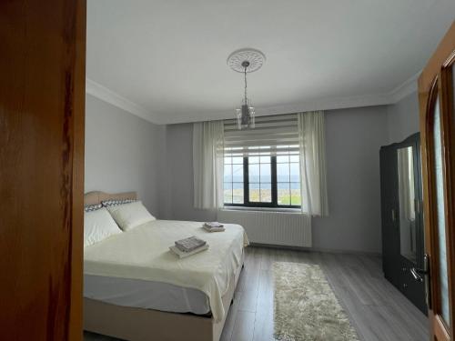 a bedroom with a bed and a window and a television at Akçaabat'ta Müstakil Ev in Akcaabat