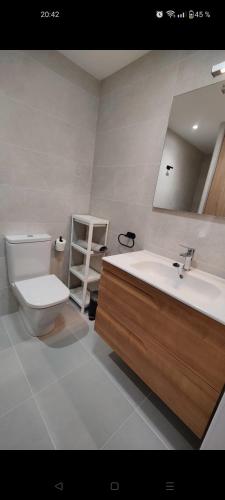 W łazience znajduje się umywalka, toaleta i lustro. w obiekcie Port de la Selva apartament w mieście Port de la Selva