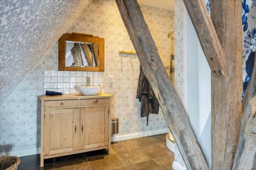 W łazience znajduje się umywalka i lustro. w obiekcie Inn Friesland w mieście Ternaard