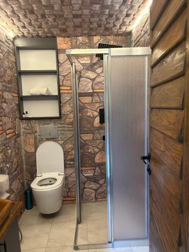 a bathroom with a toilet and a stone wall at FİÇİTA BUNGALOv in Dikkaya