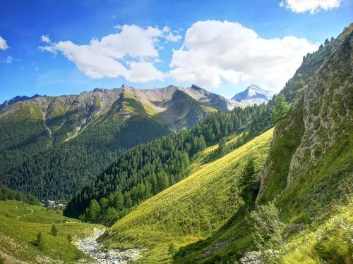 a valley in the mountains with a river at Apart Prieth Samnaun in Samnaun