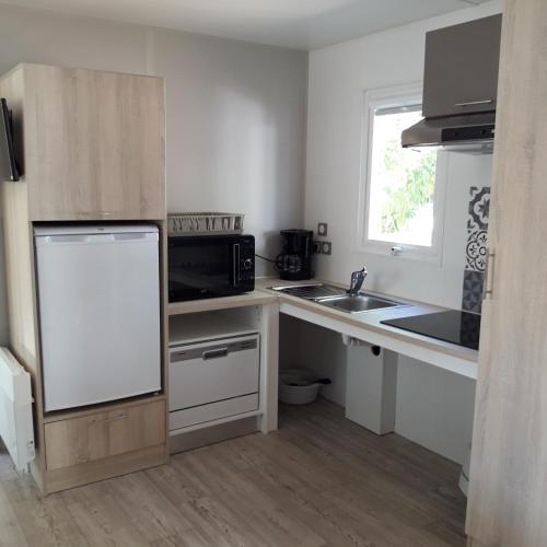 une petite cuisine avec un réfrigérateur et un évier dans l'établissement Village Océanique, au Bois-Plage-en-Ré