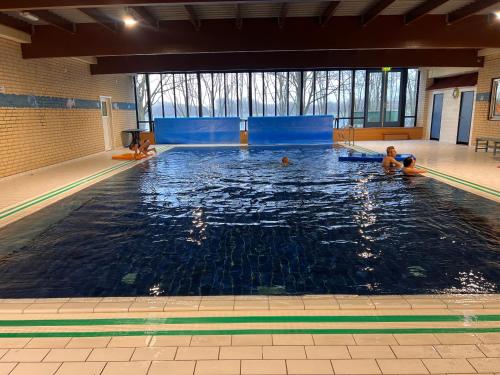 three people swimming in an indoor swimming pool at Vrijstaande 6 persoons Bungalow hottub en pizzaoven op vakantiepark in Ewijk